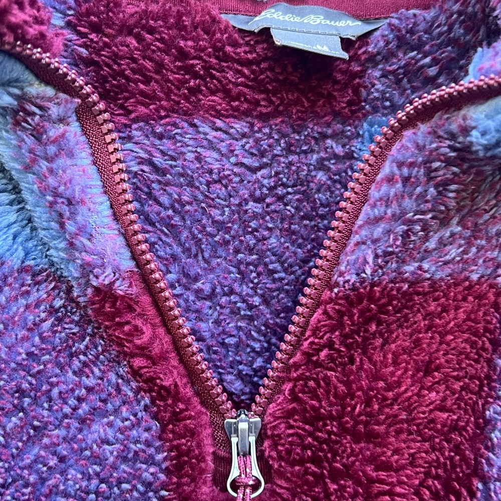 Eddie Bauer Purple Burgundy Plaid Teddy Fleece Jacket size Med - Picture 8 of 12